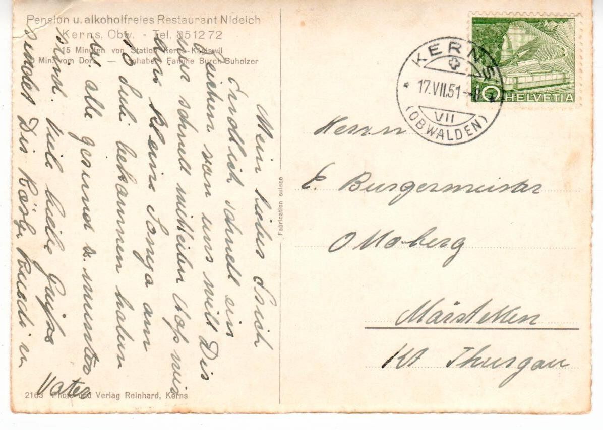 Cartoline postali: Restaurant Nideich Kerns 1951 (Eckbug) – Usato da Wolhusen venduto da Curver9 1