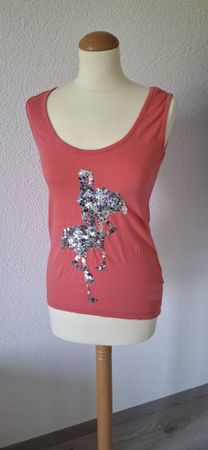 Damen Tanktop, Koralle, Flamingo Pailletten, Grösse XS