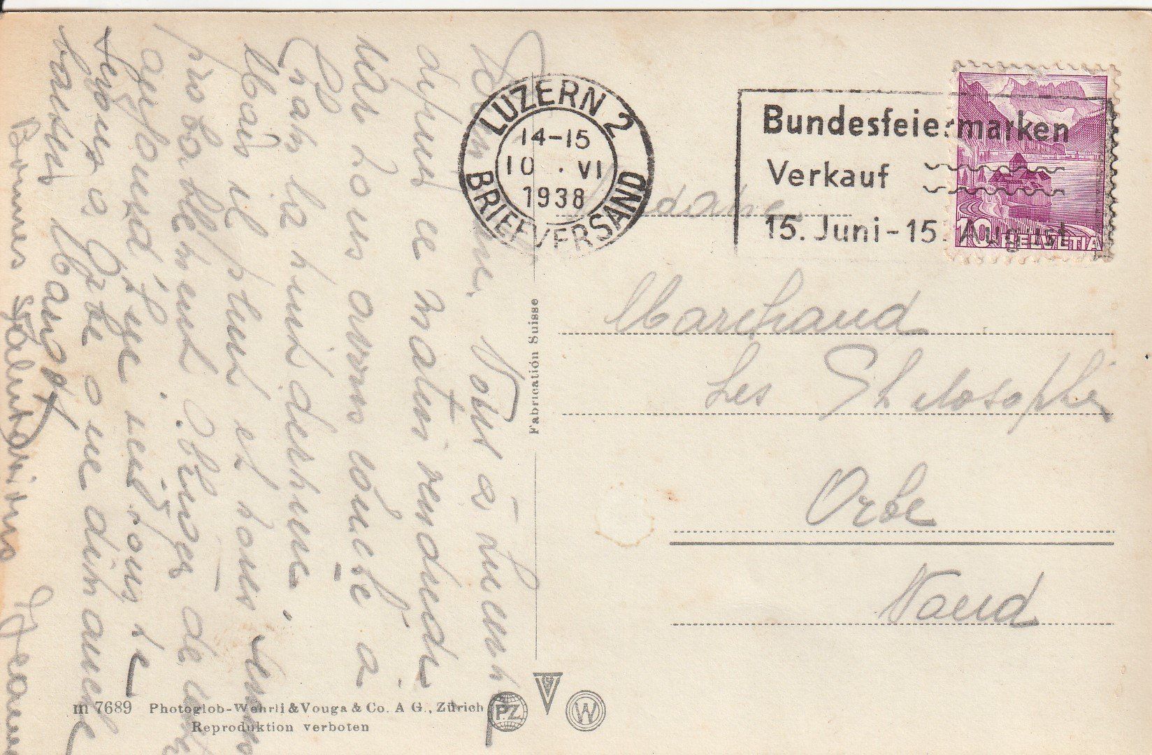 Ansichtskarten: AK Luzern - gel. 10.6.1938 – Gebraucht aus Fribourg von schnalla92 1