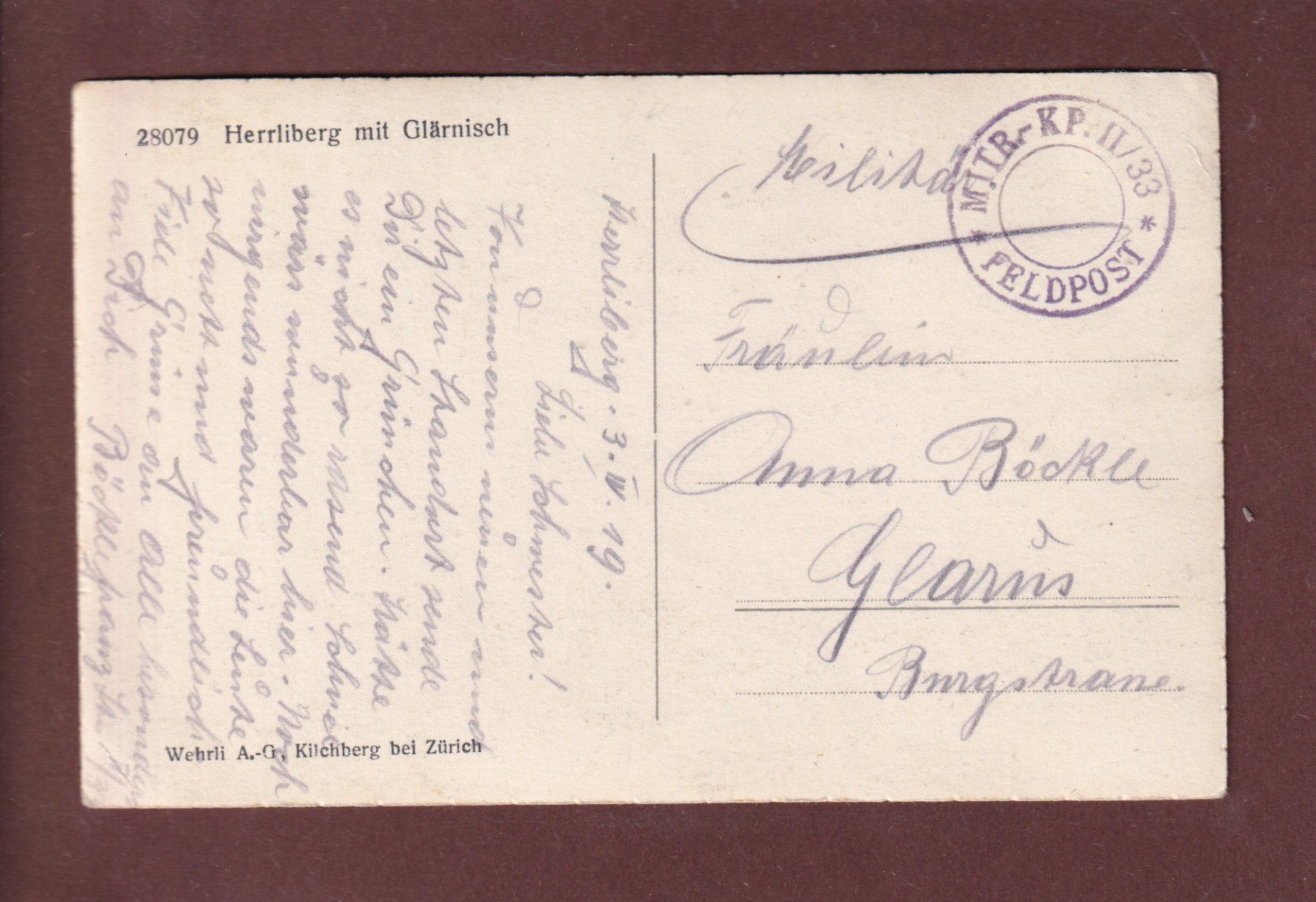 Cartoline postali: HERRLIBERG - Glärnisch - 1919 Feldpost – Usato da Pully venduto da nicecards 1