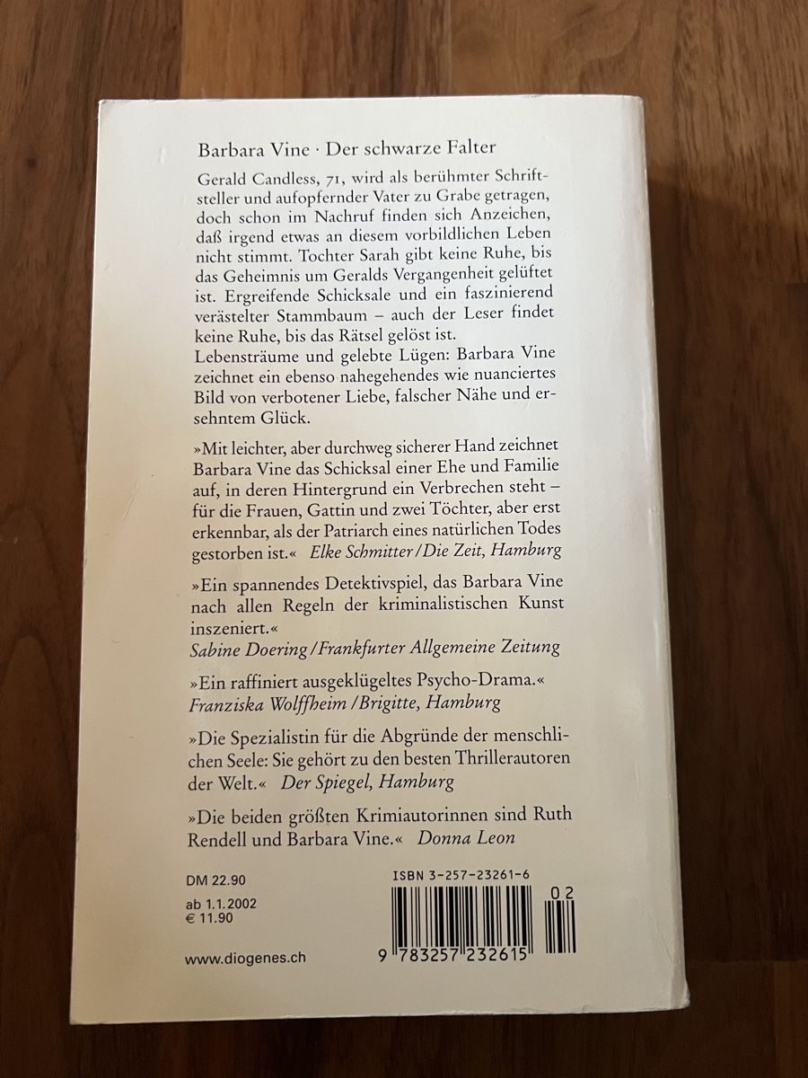 Libri: Barbara Vine: Der schwarze Falter – Usato da Schlierbach venduto da matro01 1