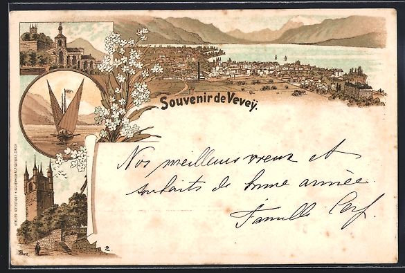 Cartoline postali: Litho Vevey, Kirche, Turm, Segelboot – Usato da Berlin venduto da bartko-reher