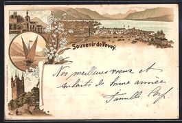 Litho Vevey, Kirche, Turm, Segelboot