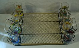 Serviertablett mit Gläserhalterung mit 8 Gläsern 50er Jahre