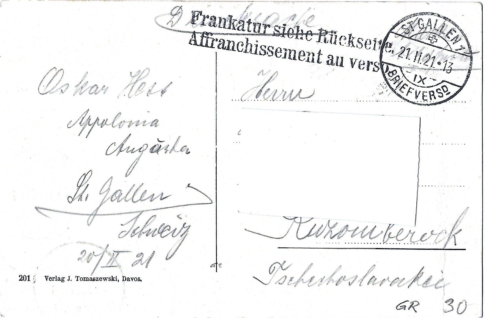 Cartoline postali: Sertig,  Davos.  1860  m.  ü.  Meer – Usato da Bütschwil venduto da Jackson1A 1
