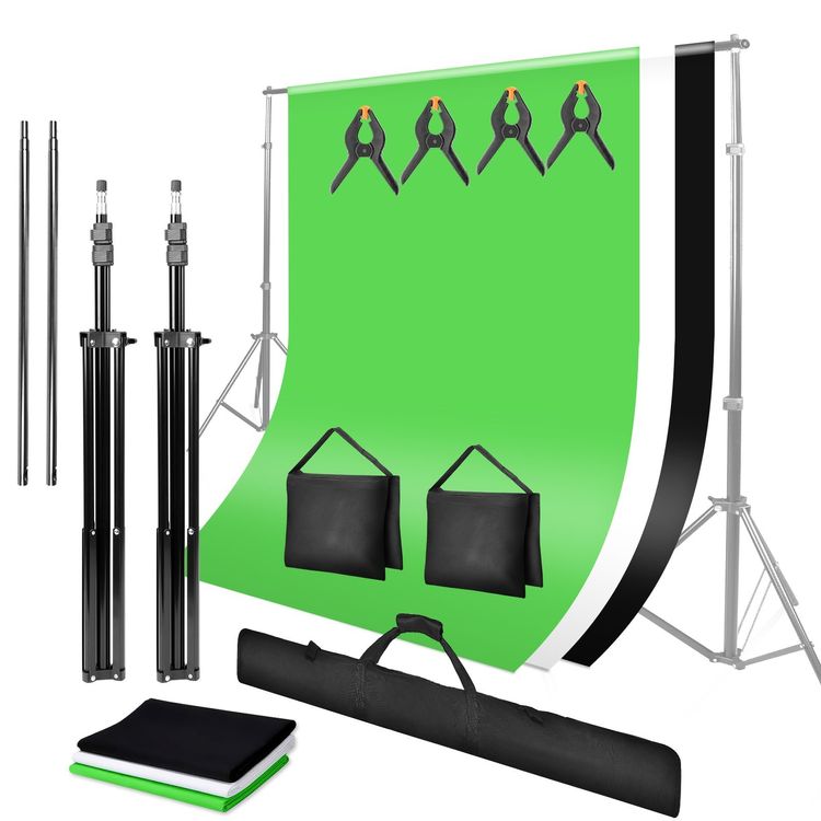 Fotostudio-Hintergrund-Set Mit Grünem Chromakey-Musselin & 2x 105W-Lampen – Inkl. Stative, Schirme, Tragetasche, Perfekt Für Produktfotos