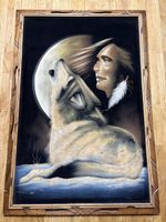 Mystisches Bild Wolf mit Mond & Indianer, sehr selten, 20. J