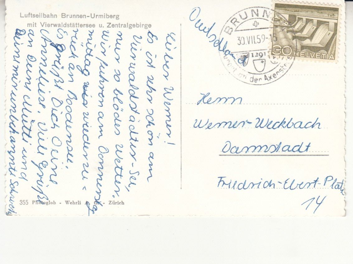 Cartoline postali: Brunnen Urmiberg 1959, coloriert – Usato da Bürglen TG venduto da StampGraf 1