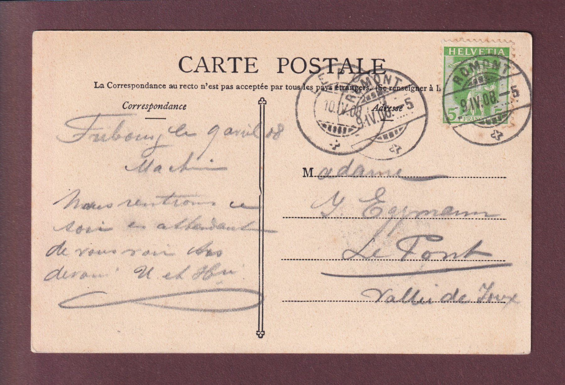 Cartoline postali: FRIBOURG - Pont Suspendu - 1908 – Usato da Pully venduto da nicecards 1