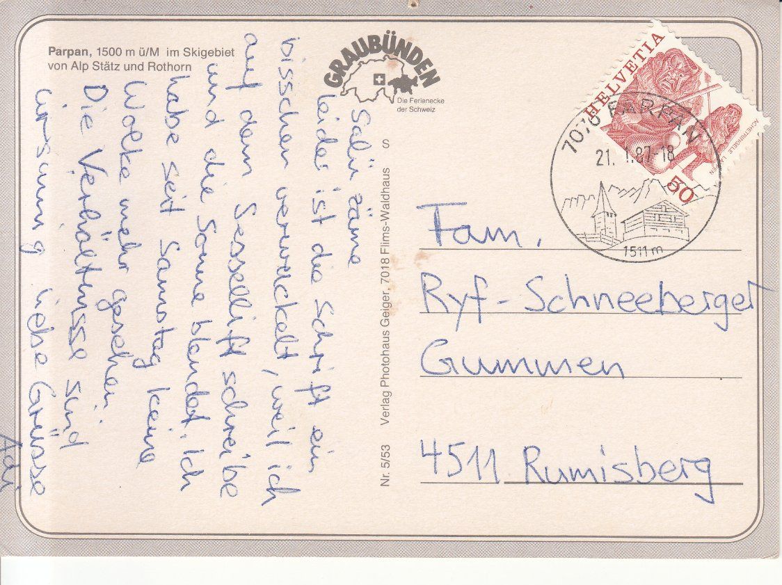 Cartoline postali: Parpan 1987 – Usato da Bürglen TG venduto da StampGraf 1