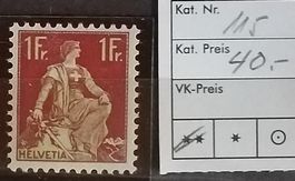 W) 115, Sitzende Helvetia postfrisch Kt. 40.-