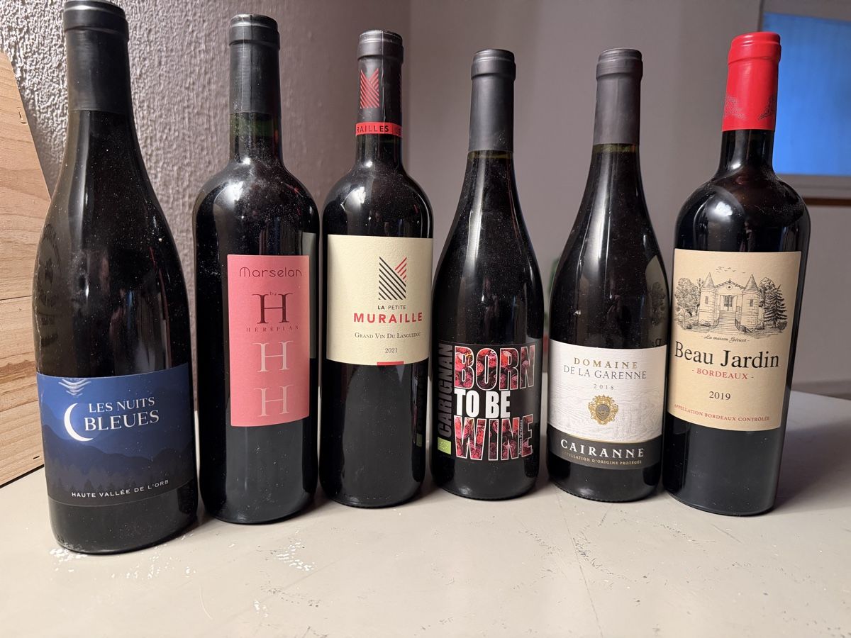 Lot de 6 bouteilles de vin rouge variées. (Neuf avec emballage d