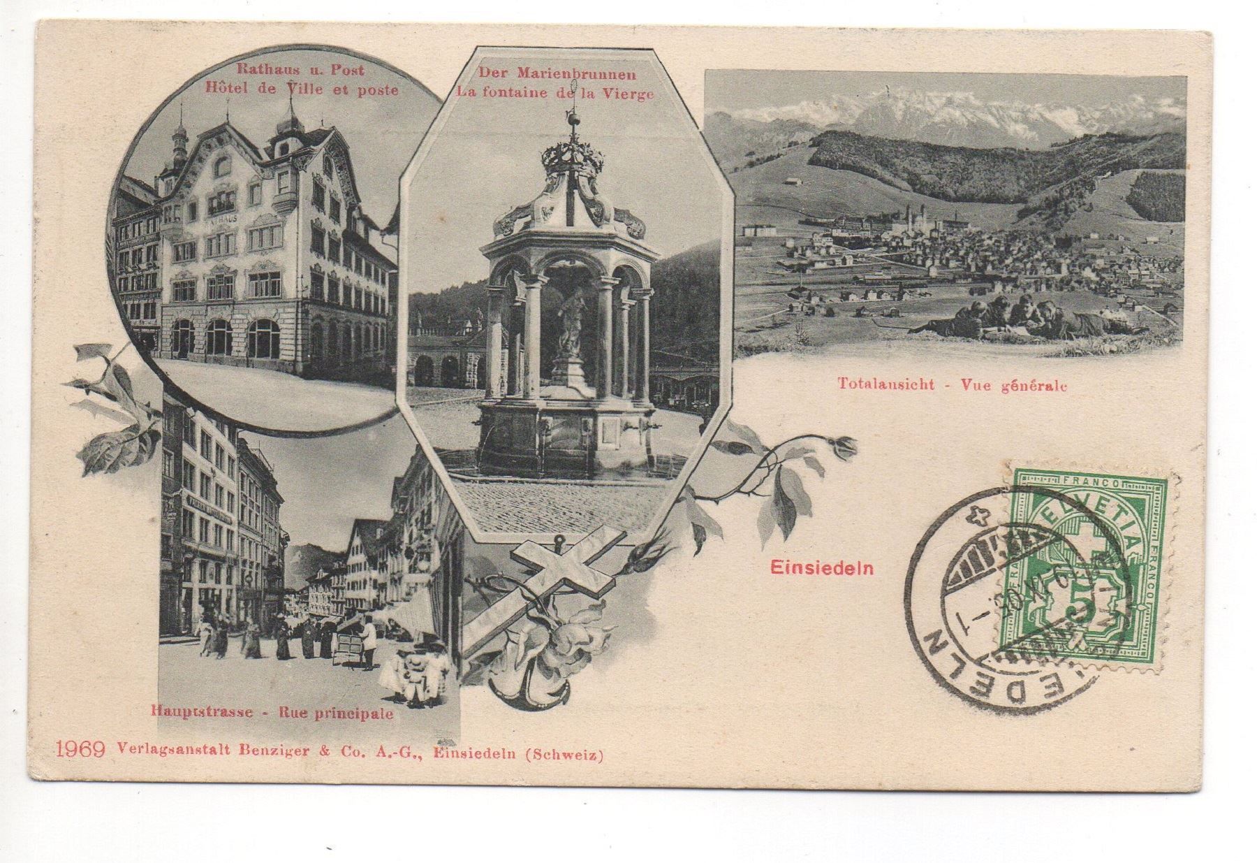 Ansichtskarten: 4-Bild-AK EINSIEDELN Hauptstrasse - Post – Gebraucht aus Jona von philajona
