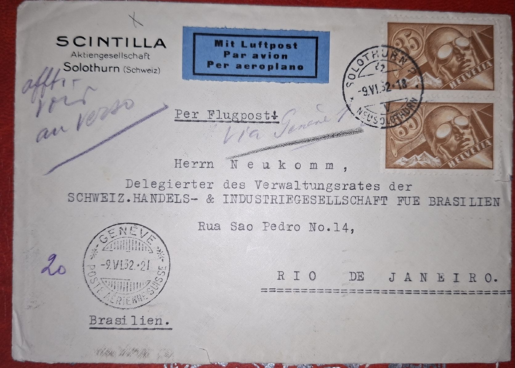 Tutti i francobolli: Flugpostbrief  Solothurn - Rio de Janero Kat. 910.- – Usato da Balgach venduto da SIMEON27 1