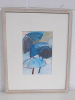 Aquarellbild „Blaue Regenschirme“ im Holzrahmen 32 x 25 cm