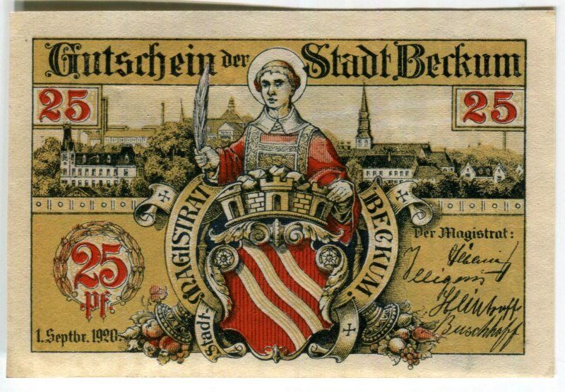 Banconote: Notgeld "25 Pfennig. Beckum 1920". – Usato da Basel venduto da Butsch5