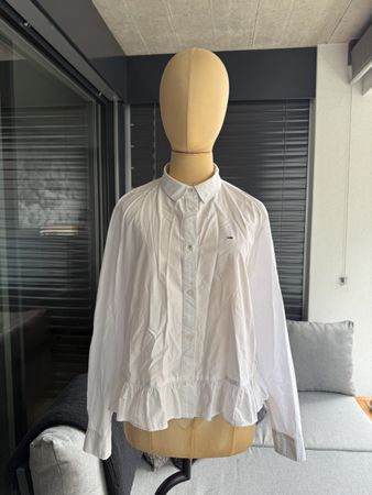 Tommy Jeans Bluse Hemd Weiss Volant Gr. L – 100% Baumwolle
