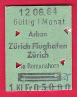 KARTON BILLETT, ARBON - ZÜRICH, 1.KLASSE, RETOUR