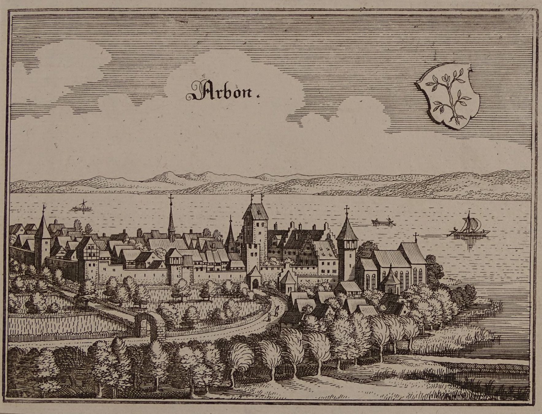 Incisioni: ARBON, KUPFERSTICH, MERIAN 1654 – Usato da Grüningen venduto da Kartensammler