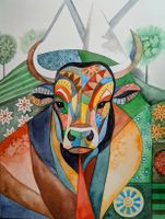Original Aquarell das bunte Rindvieh modernes Bild
