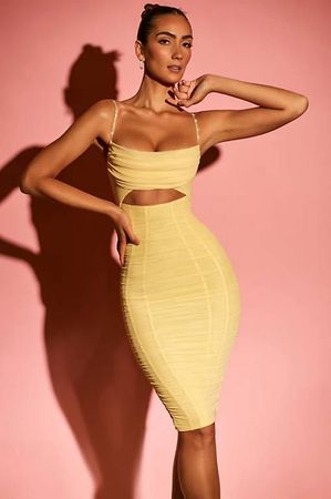 Embellished Strap Cut Out Midi Dress in Yellow