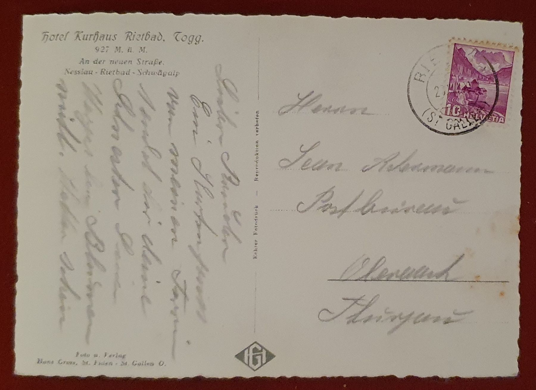 Cartoline postali: Rietbad 1939 - Hotel Kurhaus Rietbad, Oldtimer – Usato da Kreuzlingen venduto da Rschweiz1 1