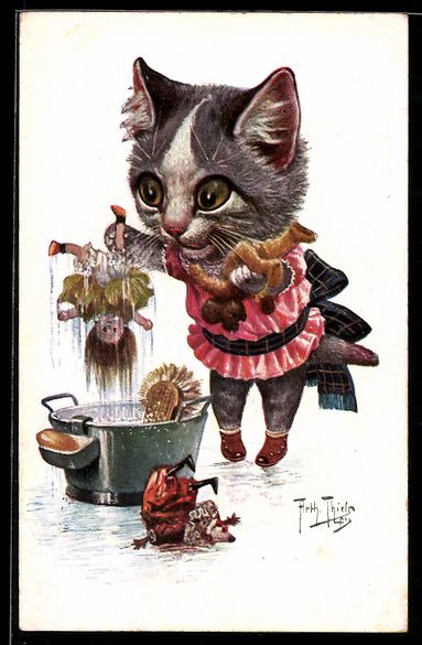 Cartoline postali: Arthur Thiele: Katzenmädchen badet ihre – Usato da Berlin venduto da bartko-reher