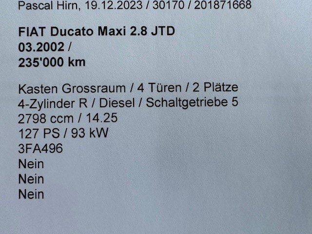 Fiat Nutzfahrzeuge: Fiat Ducato Maxi 2.8 JTD  Anhängelast  2000 kg – Gebraucht aus Oberriet SG von  7