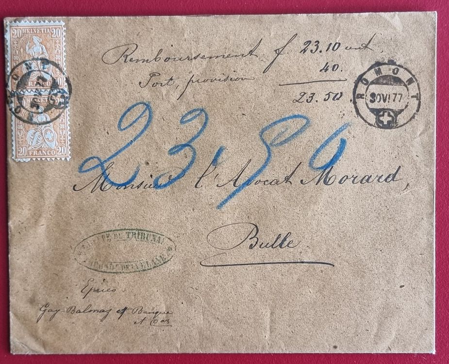 SITZENDE HELVETIA 32 TRIBUNAL GLANE ROMONT MORARD BULLE 1877 Kaufen