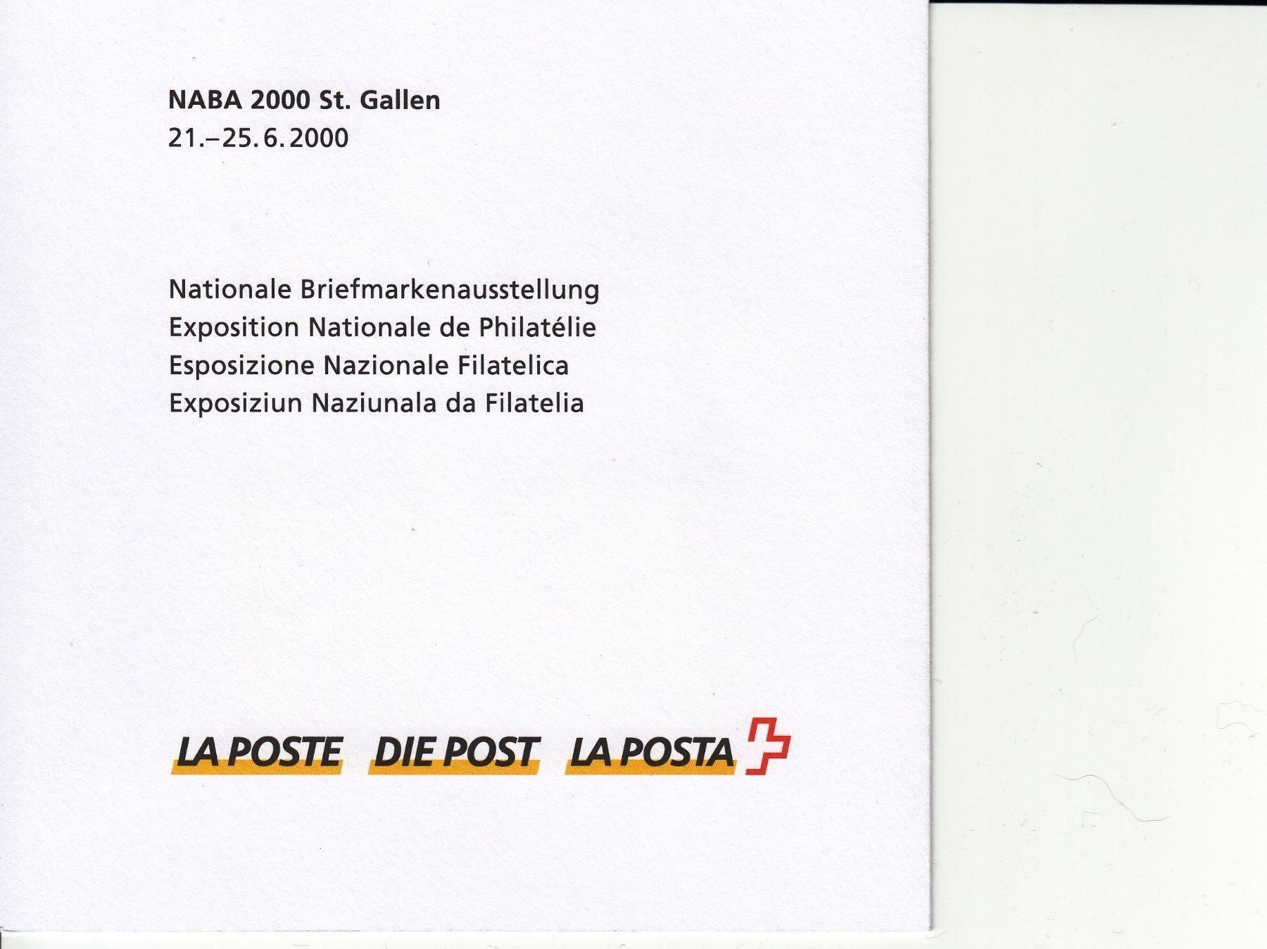 Tutti i francobolli: NABA 2000 Dankeskarte Post, St. Gallen – Usato da Bürglen TG venduto da StampGraf 2