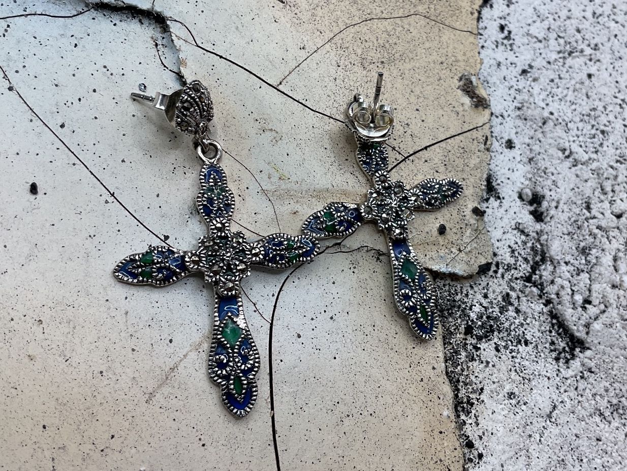 Boucles d'oreille: Vintagestil Ohrstecker, Emaille u. Markasiten – Neuf (Voir description) à luzern par Alpendorf1 2