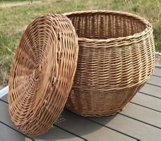 GROSSER Korb mit Deckel Weide Rattan rund Hocker