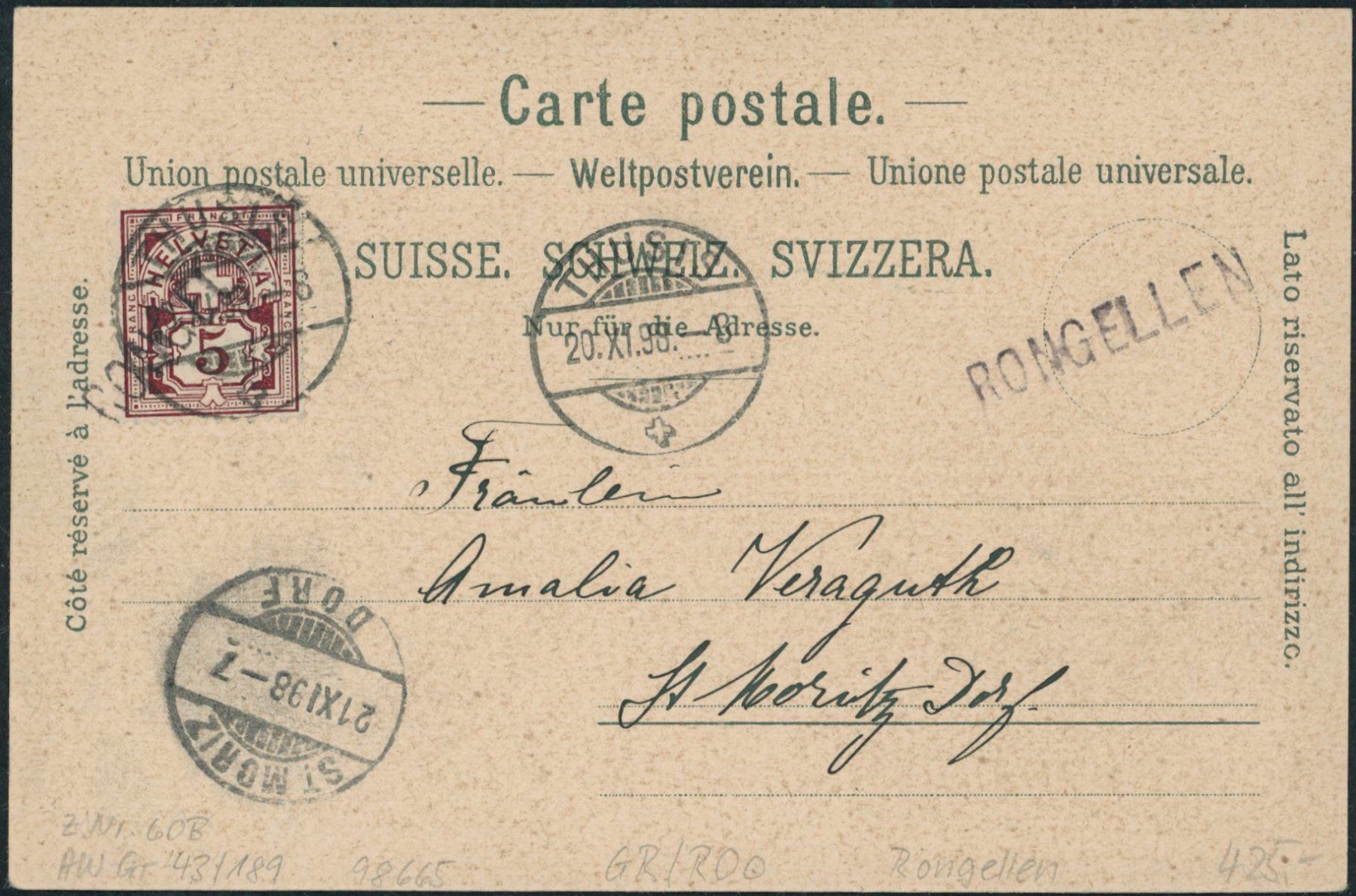 Tutti i francobolli: GR Rongellen - Stabstempel - Thusis - Karte - EF - Litho – Usato da Schindellegi venduto da leecollect