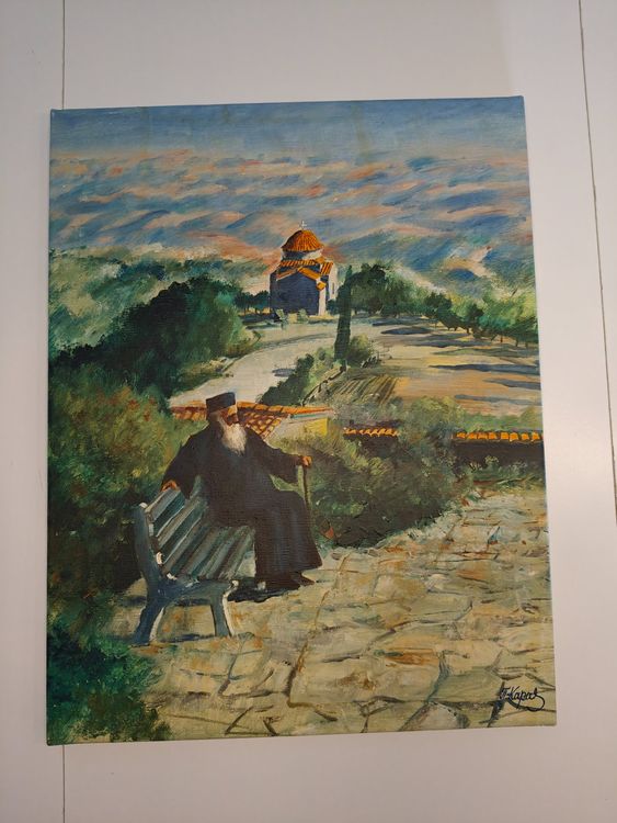 lgem-lde-signiert-griechischer-m-nch-auf-bank-kunst-gebraucht-in