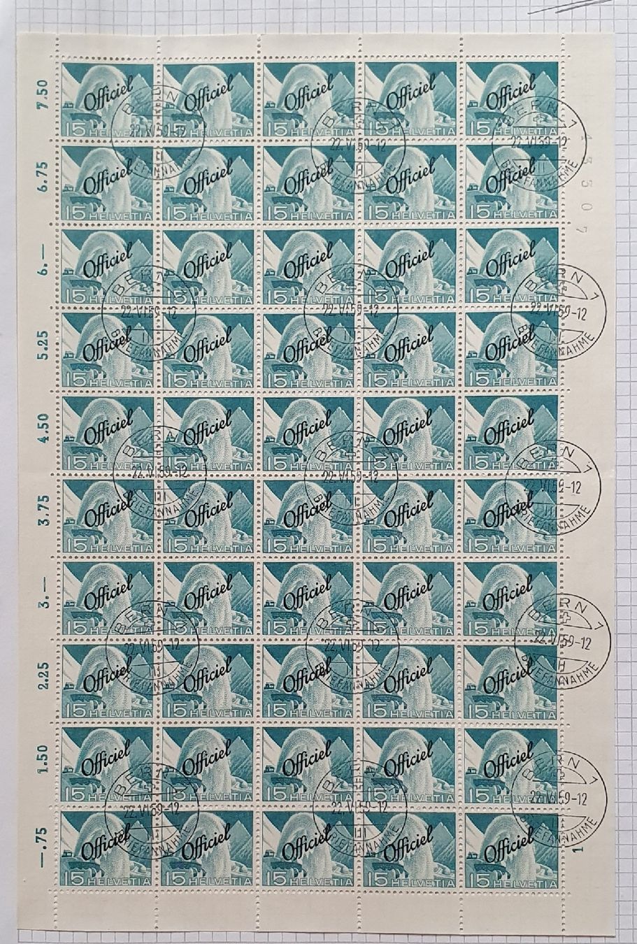 Tutti i francobolli: 3 Bogen - 1950 Technik + Landschaft "Officiel"  Kat. 3400.++ – Usato da Kreuzlingen venduto da Rschweiz1 1
