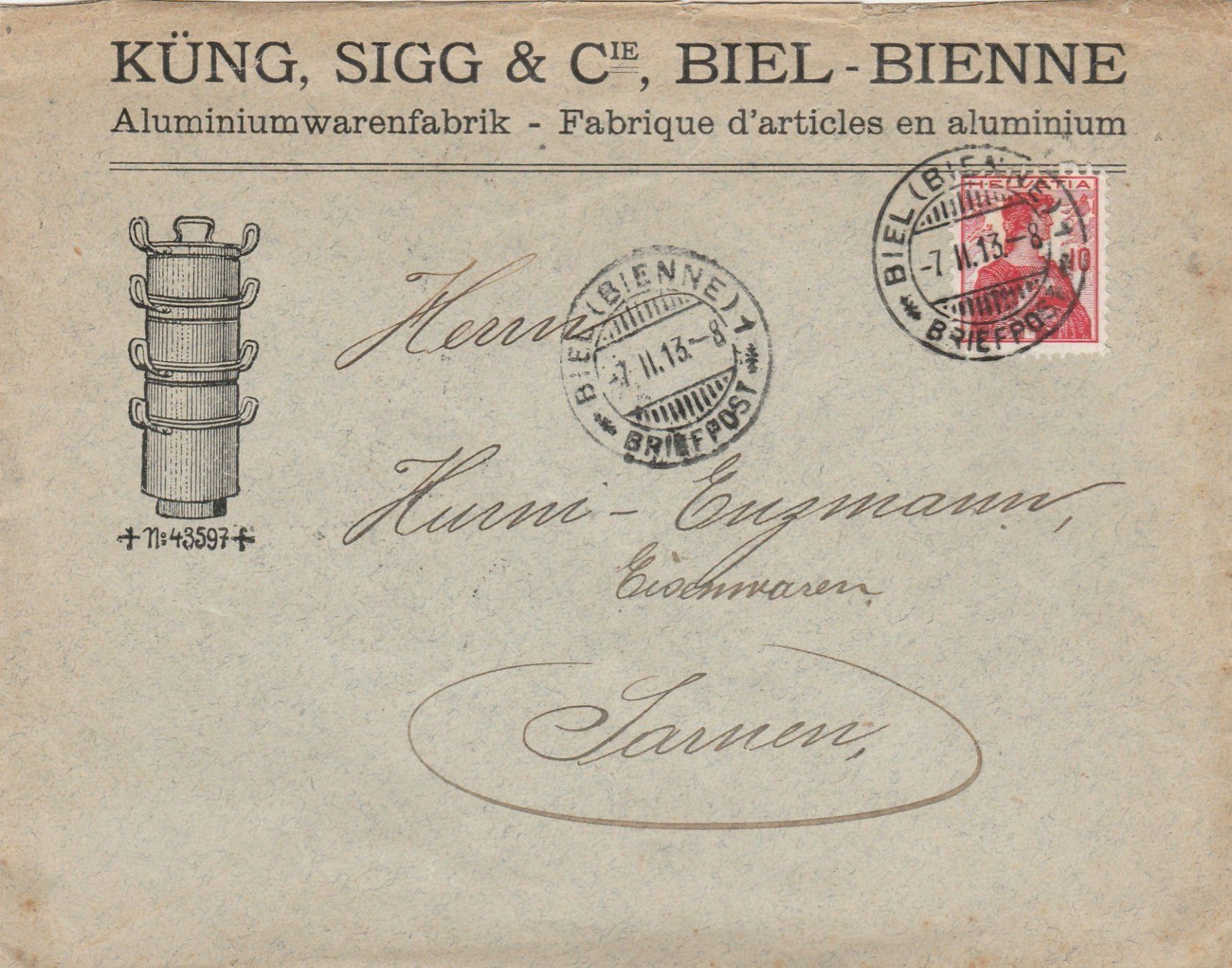 Tous les timbres: Biel-Aluminiumwarenfabrik-Brief 1913 – D'occasion à uttwil par Koehlerfred