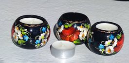 Lot de 3 bougeoirs artisanaux en bois avec bougies