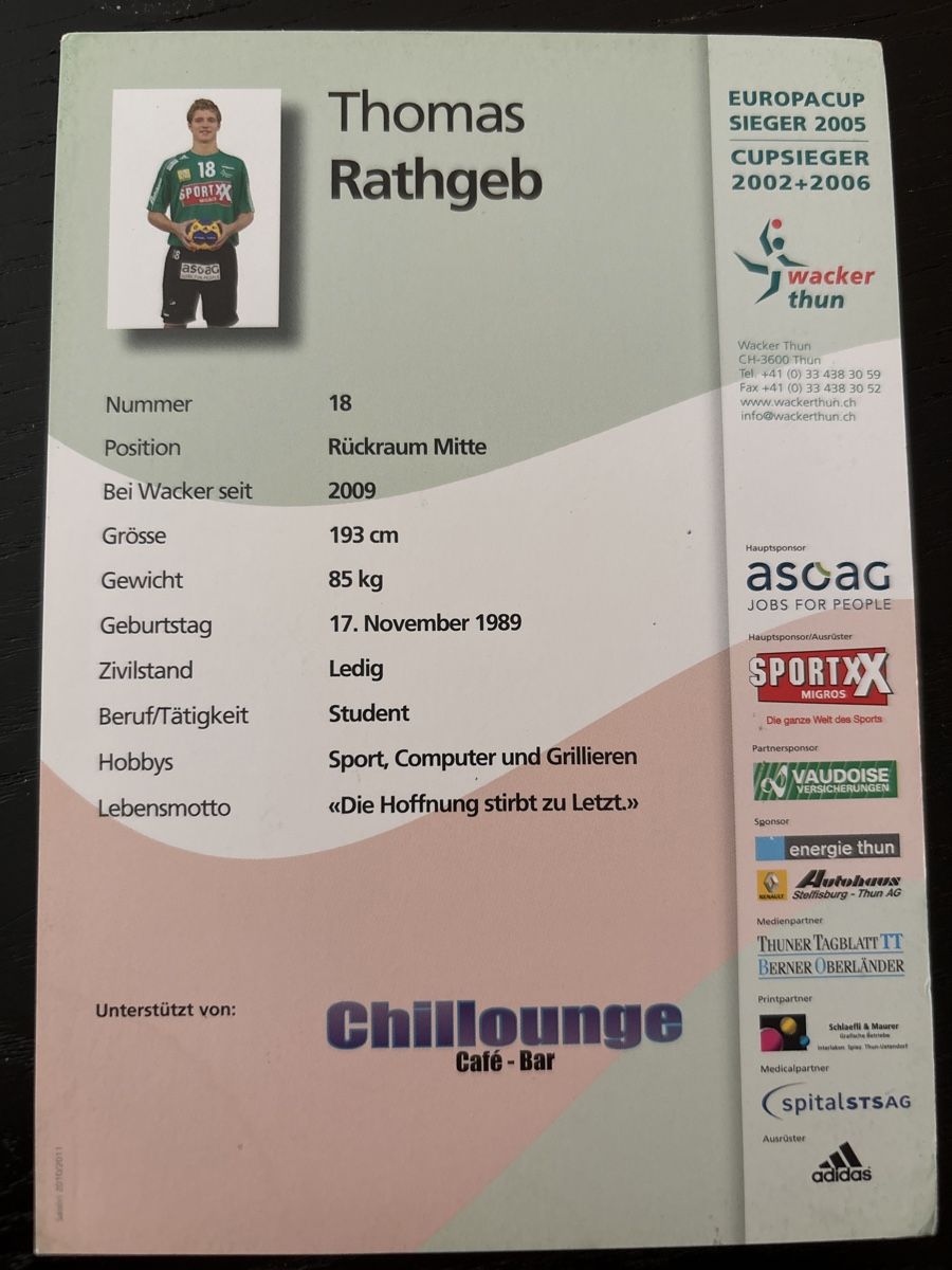 Autographes: Signierte Handballkarte Thomas Rathgeb Wacker Thun – D'occasion à Uetendorf par hoisle 1