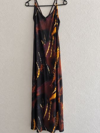 Maxikleid schwarz gelb gemustert mit Schlitz Damen neu