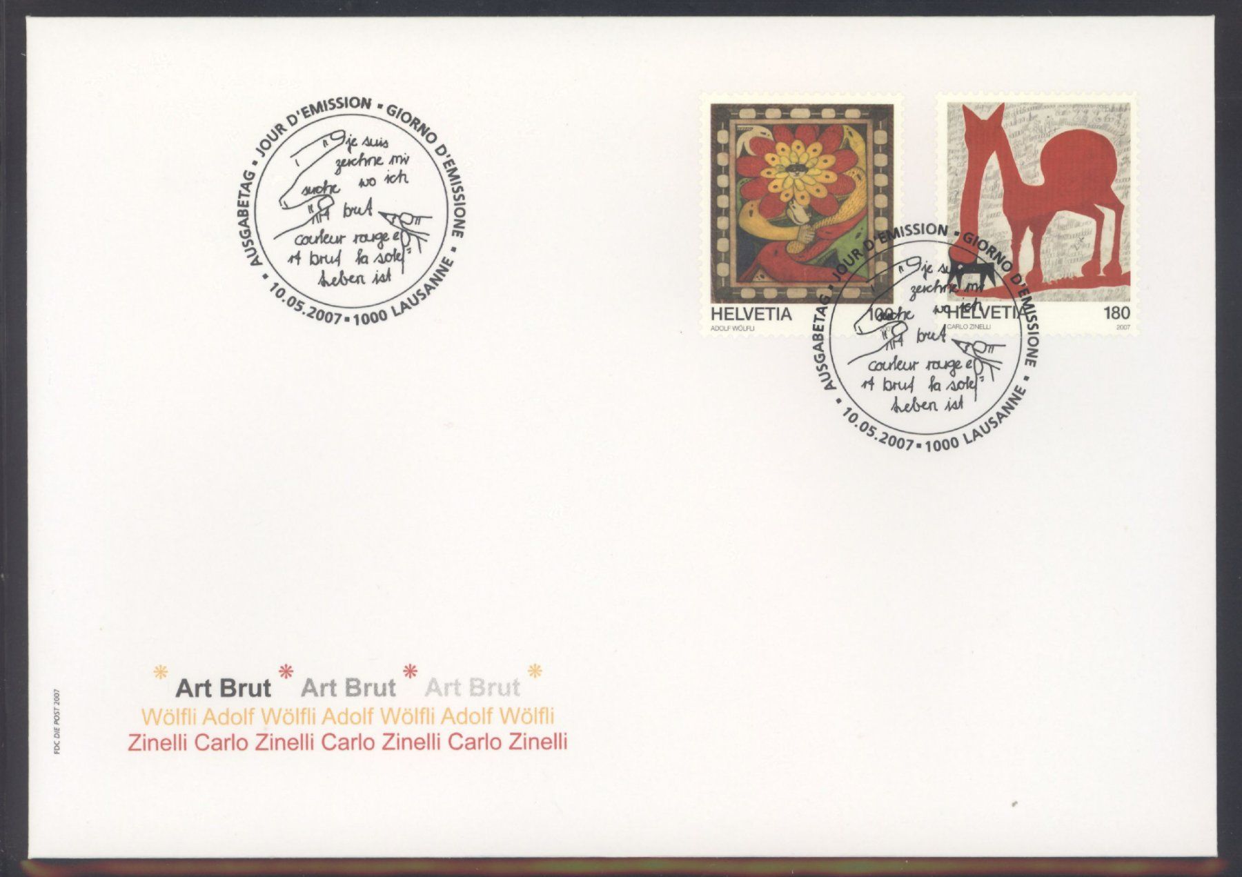 Tutti i francobolli: 2007, FDC, Sondermarke Art brut – Usato da Willisau venduto da Vollstempel