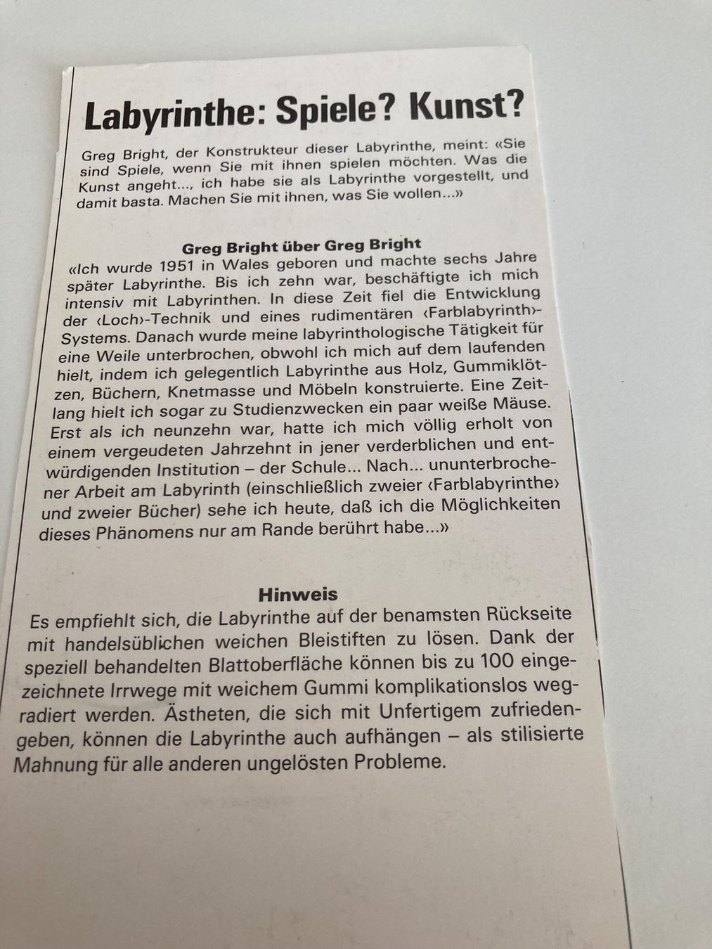 Jeux: Labyrinthe Greg Bright – D'occasion à Fehraltorf par mayalotto 1