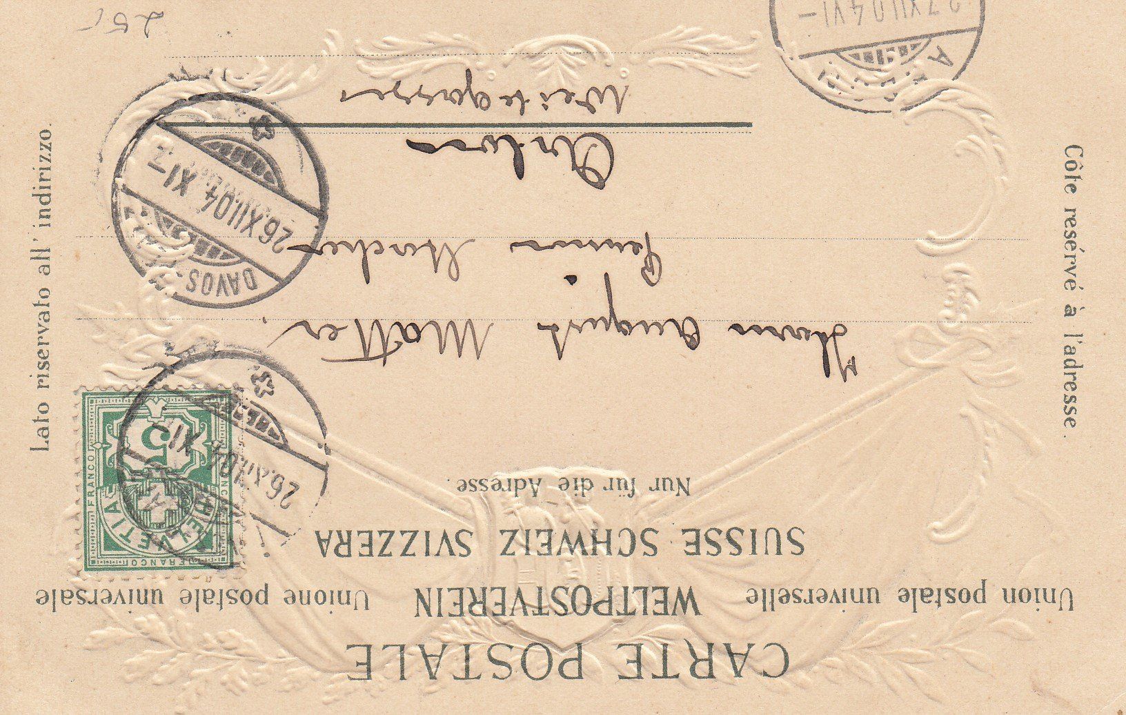 Ansichtskarten: 1904 Ansichtskarte Davos-Platz - Arbon Reliefkarte – Gebraucht aus Rheinfelden von ricci62 1