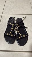 Black Sandals with Pearl and Rhinestone Details, Size 39