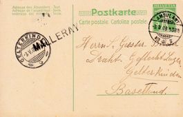 1909: Ganzsache-PK mit Stabstpl. MALLERAY, n. Gelterkinden.
