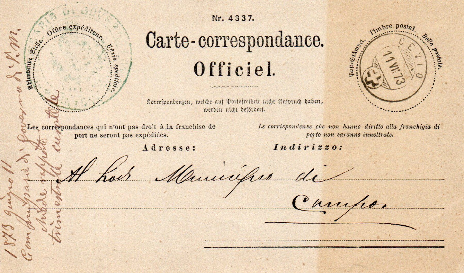 Tutti i francobolli: 1873 Cevio per Campo – Usato da Melano venduto da pisonsdro