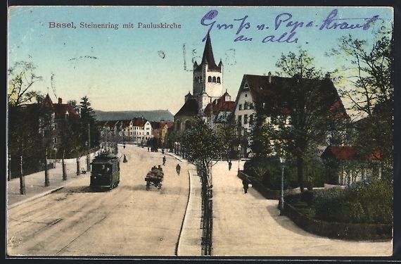 Ansichtskarten: Basel, Steinenring mit Pauluskirche und  – Gebraucht aus Berlin von bartko-reher