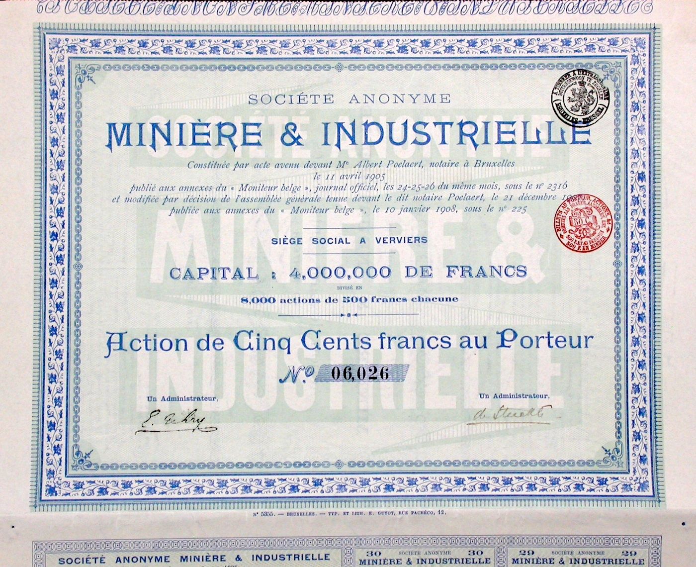 Documenti: Minière et Industrielle SA, Verviers - 1908 – Usato da Solothurn venduto da Sgasche