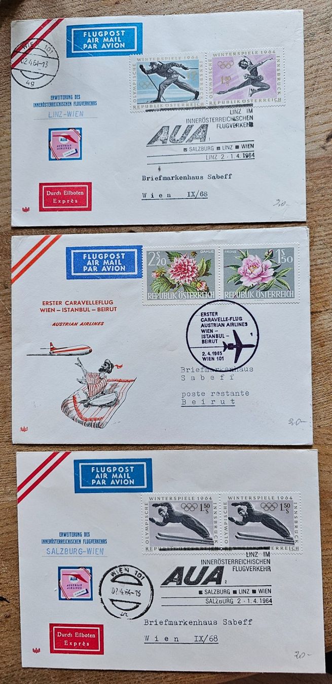 Alle Briefmarken: Österreich  3 Erstflug Briefe – Neu (gemäss Beschreibung) aus Les Valettes von Nuba1