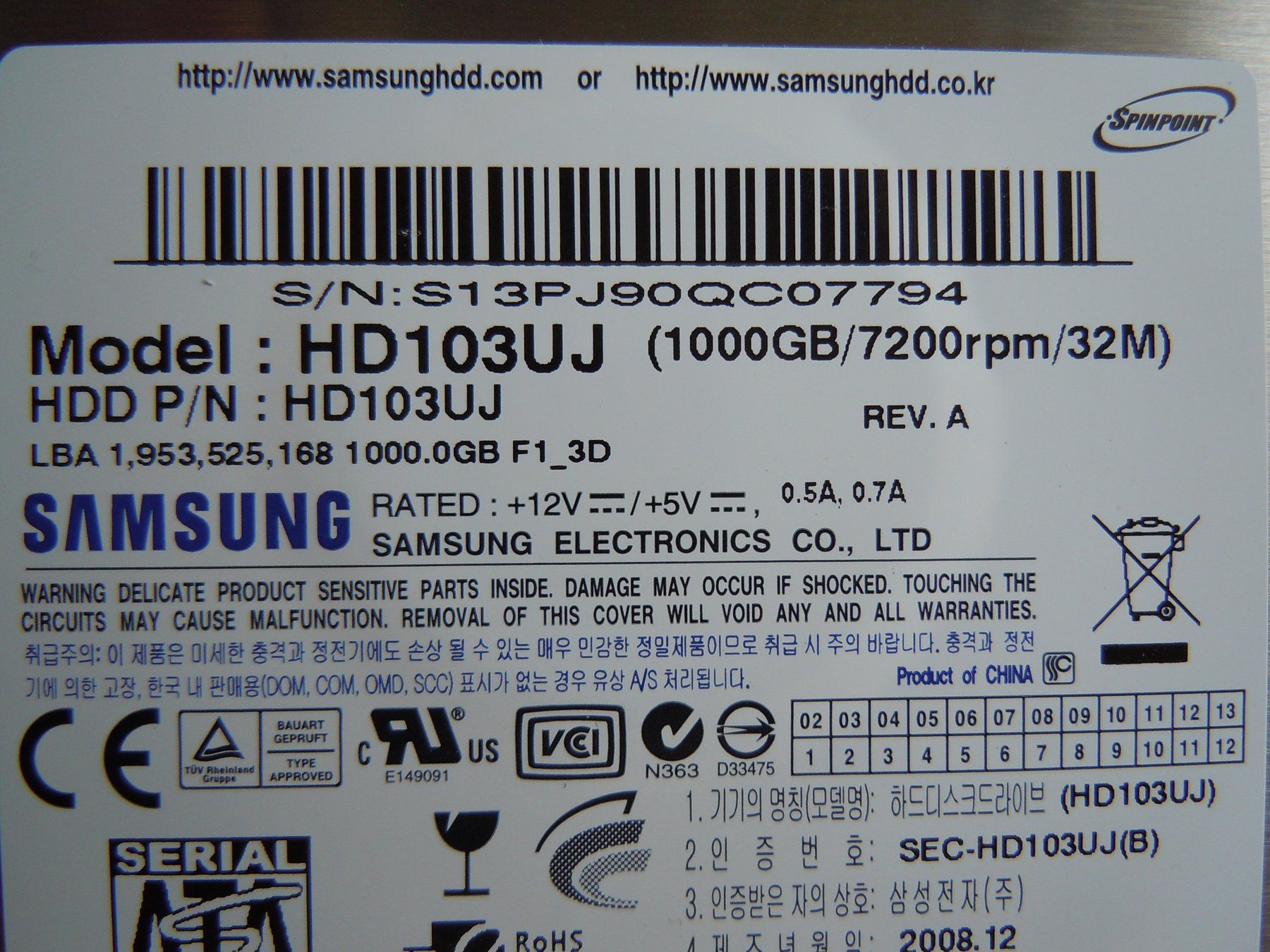 Samsung Dischi rigidi: Samsung HD103UJ  1 TB – Usato da Luzern venduto da Baumli1