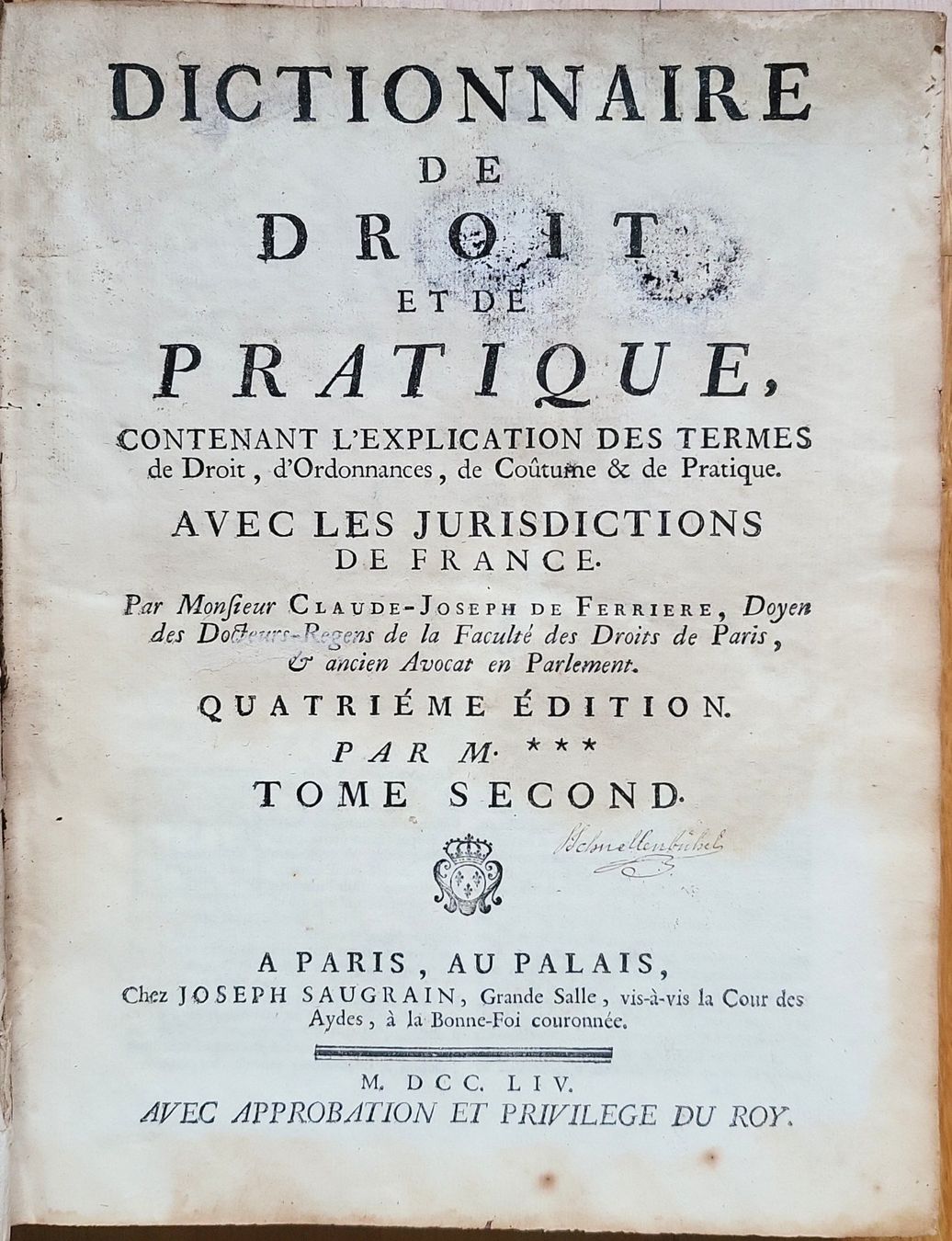 Livres: Dictionnaire de Droit, Tome Second, 1754 – D'occasion à Muttenz par Mithrur